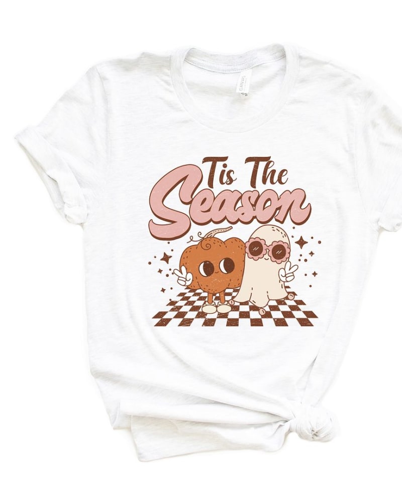 Front of a size XL Tis The Season Pumpkin Ghost Short Sleeve Graphic Tee in White by Simply Sage Market. | dia_product_style_image_id:313388